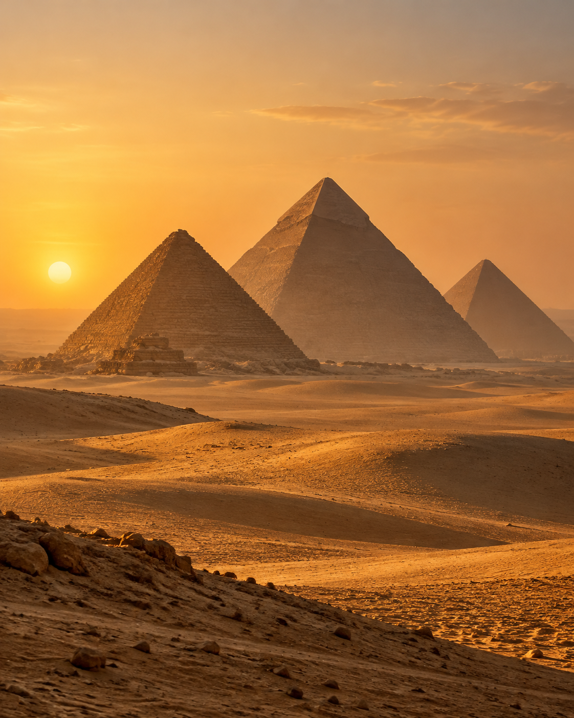 Pirámides de Egipto sobre las dunas del desierto al atardecer.