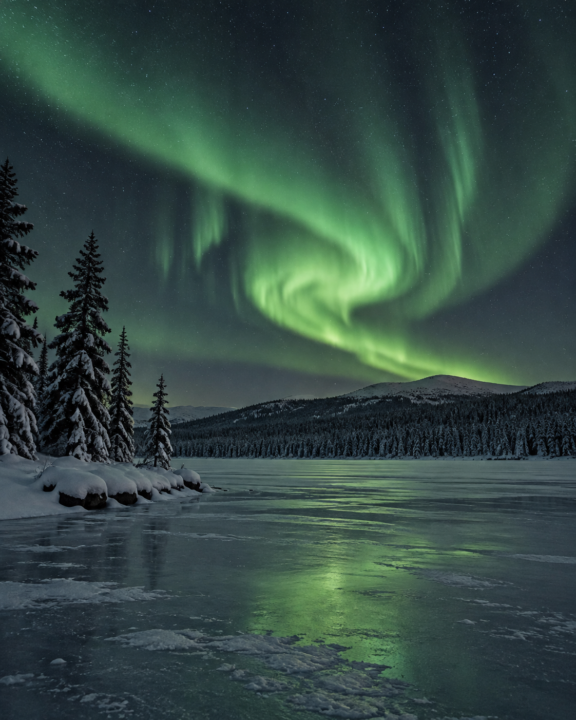 Aurora boreal sobre un paisaje nevado de Laponia.